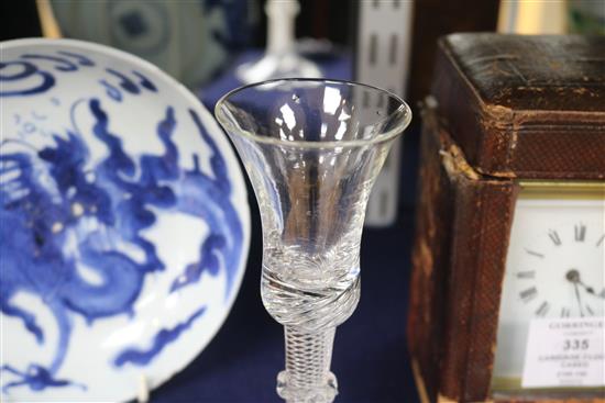 A wine glass, c.1750, with collared airtwist stem, 6.25in.